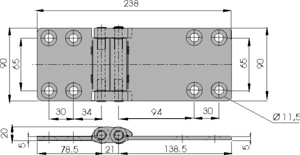 Oldalajtó zsanér 89+149x90 inox dupla forgáspontos - Image 2